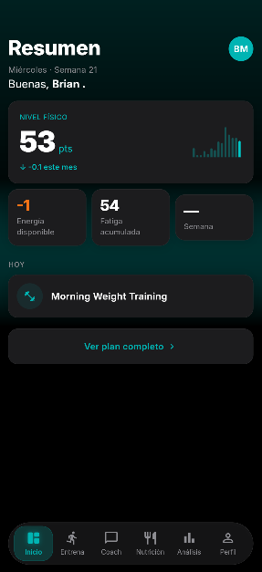 Split — resumen diario con nivel físico y energía