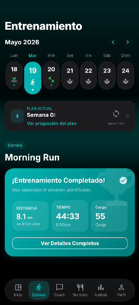 Split — calendario de entrenamiento con sesión completada